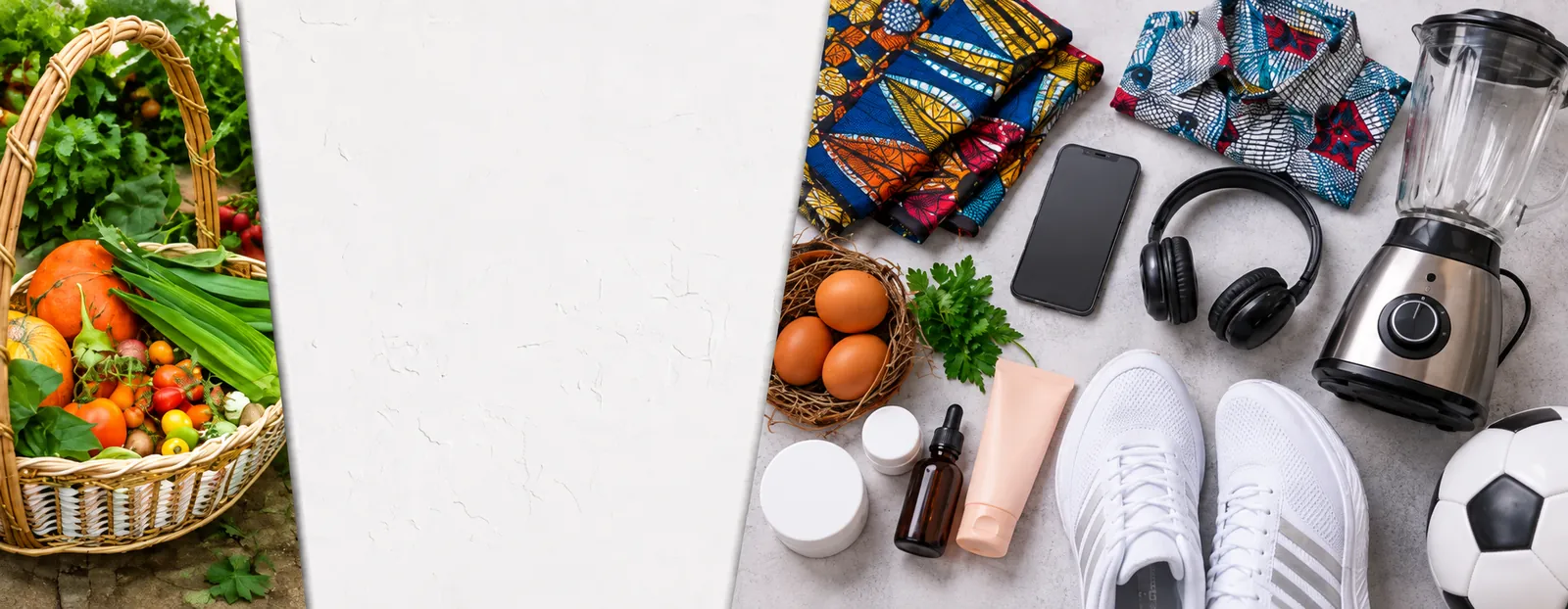 Panier de légumes, tissus wax, téléphone et baskets.